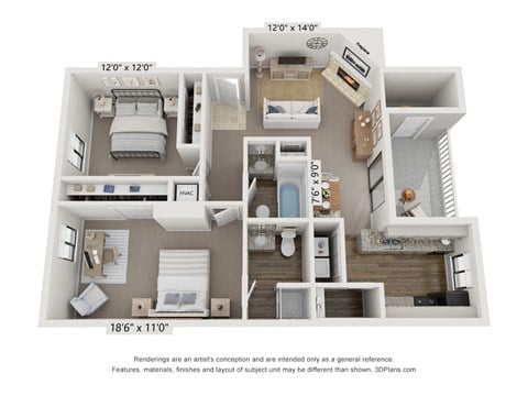 Floor plan for 2 beds, 2 baths, 1056 sqft